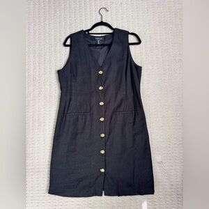 Rachel Zoe Black Sleeveless Linen Blend Dress with Gold Buttons